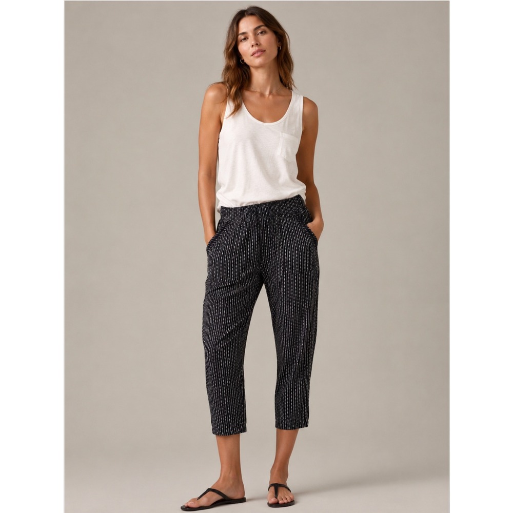 Old Navy Linen Blend Pants M Black White Striped Drawstring Coastal Boho Cropped